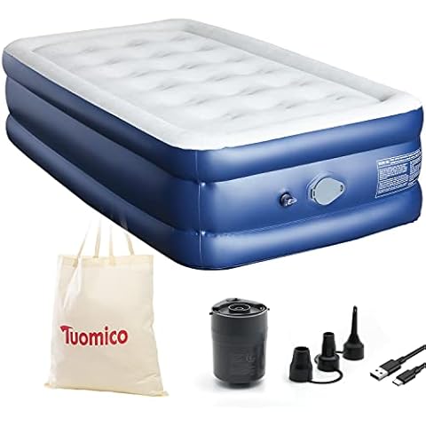 Tuomico Single Air Mattress for Outdoor and Indoor Use, Inflatable Airbed with Detachable Built-in Pump, 3 Mins Portable Self-inflating bed with Storage Bag Cover