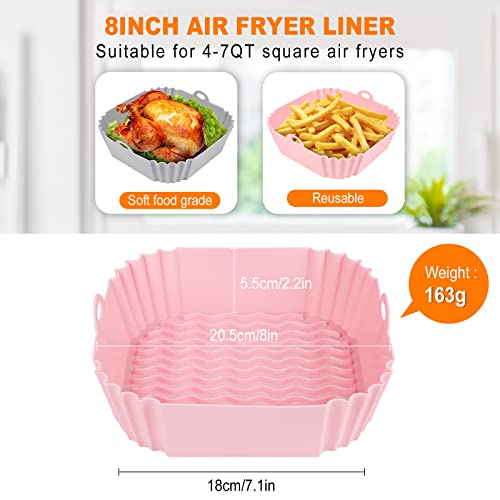 2 PCS Square Silicone Air Fryer Liners - 8 Inch Air Fryer Reusable Liners - Kitchen Accessories - AirFryer Inserts for 4 to 7 QT Oven Microwave Accessories (Grey + Pink)