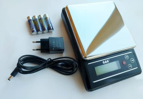 G&G KF-B Küchenwaagen, 6kg -3kg / 0.1g einstellbare Abschaltautomatik, Feinwaage Digitalwaage, mit Netzteil und Batterien (6kg / 4 Messbereiche (KF6000B))