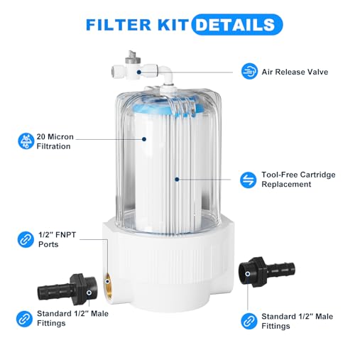 Image of AS ColdPlunge Ice Bath Water Filter Kit for Cold Plunge - 5 inch 20-Micron Filter Cartridge, 1 /2 inch FNPT Filter Housing with Air Valve, 2x 1 /2 inch MNPT Fittings - Compatible with Cold Plunge Tubs & Chillers