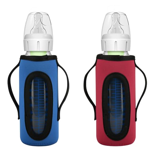 Image of Beautyflier Glass Baby Bottle Sleeve Covers for Dr. Brown’s Natural Narrow Baby Bottles 8 oz with Dual Handle, 3.3mm Thicken Heat and Cold Retention Baby Bottle Sleeve (Red+Blue)