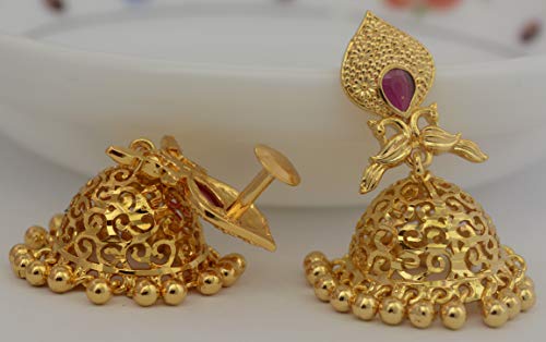 Image of Radha's Creations brass Ruby Emerald stud earrings one gram gold for women and girls one gram gold
