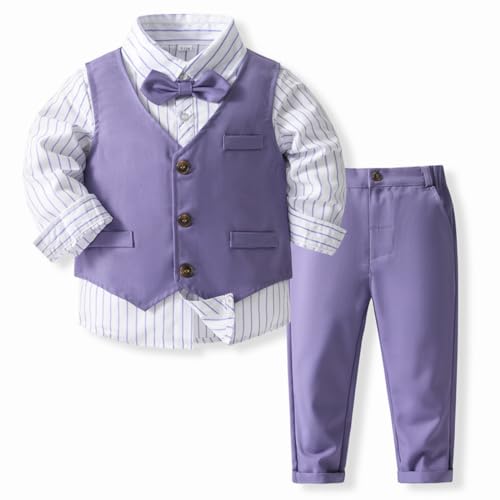 IMEKIS Baby Jungen Gentleman Anzug Formale Geburtstag Hochzeit Taufe Smoking Outfits Langarm Button Down Hemd Hosen + Weste und Fliege, 4tlg Set Lila 2-3 Jahre