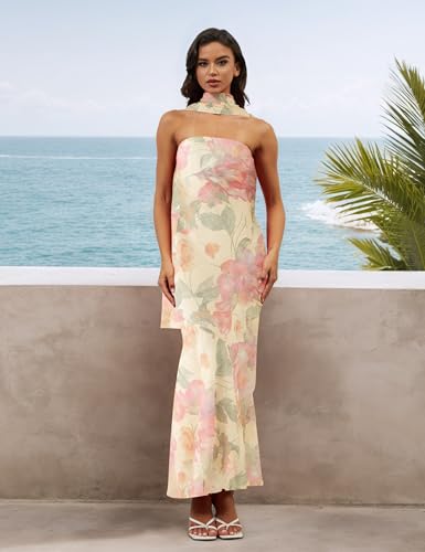 Image of calbatic Women Floral Tube Maxi Dress Strapless Ruffle Hem Long Bodycon Vacation Summer Halter Dress with Scarf Medium Yellow