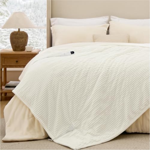 Image of Bedsure Ribbed Electric Blanket Full, Coconut White Heated Blanket, Preheat | Fast Heating, 6 Heat & 6 Timer (Up to 10H) Settings, 8 Hours Auto-Off, ETL & FCC, Flannel Sherpa, Gifts for Grandma, 72 inchx84 inch