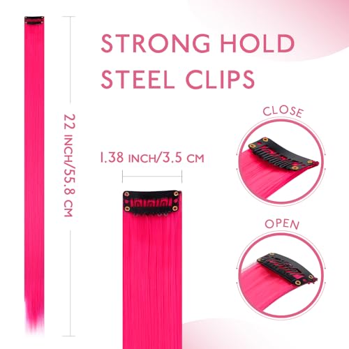 Image of WENNALIFE 12 PCS Hot Pink Hair Extensions Clip in, Colored Clip in Hair Extensions for Kids Highlights Rainbow Hair Clips for Girls Synthetic Straight Pop-up Style Colorful Girls Hair Accessories