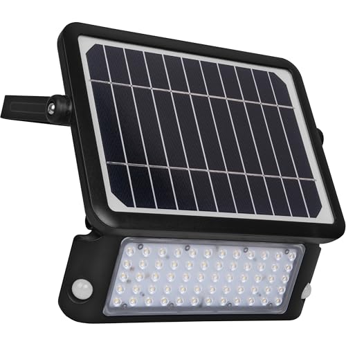 Luceco Foco LED solar para exterior com sensor de movimento PIR, luz de segurança, iluminação exterior, design angular, ajustável, guarda, preto, IP65, 10 W, 1080 lm, 4000K, LEXSF11B40