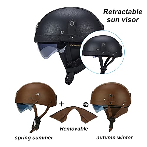 Pdjewos Motorcycle Vintage German Leather Half Face Helmet, Dot Approved Adult Men Women Retro Open Face Helmet, With Goggles And Hidden Visor, For Bicycle Cruiser Scooter, S~Xl 55~62Cm #TOP4