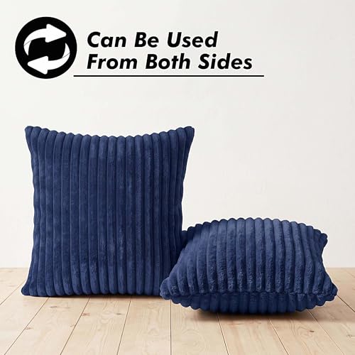 Image of Yellow Weaves Pencil-Stripe Fur Cushion Covers | Soft Polyester | Decorative Sofa & Throw Pillow Covers | 16x16 Inches, Pack of 2 (Blue)