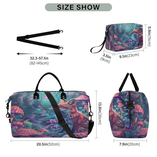 Fox Travel Gym Bag, Fox Mushrooms Illustration Weekender Overnight Duffle for Women with Toiletry Bag Travel Swim3