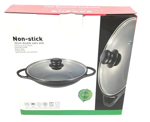 Non-Stick Wok with Lid – 24cm, 28cm, 32cm Double Handle Induction Pan| Karahi/Kadai/Karai for Cooking, Stir-Fry & Deep Fry | Glass Lid, Easy to Clean, Energy Efficient (26 cm Die Cast Wok)