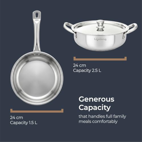 Image of Lifelong Stainless Steel Kadhai (2.5L) & Fry Pan (1.5L) with SS Lid | Induction Bottom, Riveted Handle, Durable Build, Even Heating, Scratch-Free, Dishwasher Safe| Ideal for Frying, Sauteing & Gravies