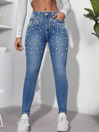 Women's Skinny Jeans Chic Pearl Decorated Stretch Casual Embellished Fashion Statement Denim Pants4
