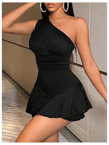 Image of WDIRARA Women's One Shoulder Ruffle Hem Dress Hign Waist A Line Mini Dress with Short