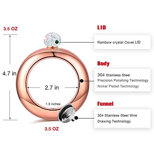 Bracelet Bangle Flask For Liquor For Women 304 Stainless Steel Wine/Alcohol Wrist Flasket With Handmade Rhinestone Lid For Women Girls Dance Birthday Party Club Bar 3.5Oz (Rose Gold) #TOP2