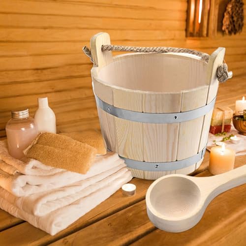 CurcKua Sauna Kit 9.9\'\' Plastic-Liner Preservative Wood Sauna Bucket with Ladle Reinforced Barrel Sauna with Thick Handle for Sauna Bathroom Wooden Bucket Sauna Kit Barrel Sauna - Thumbnail 2
