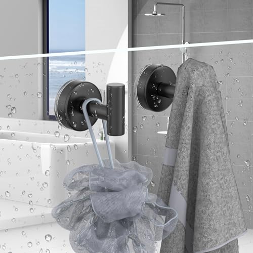 Image of Suction Cup Hooks for Shower, Stainless Steel Towel Hooks for Bathroom Wall, Glass Door, Kitchen, Mirror, Tile, Shower Hooks for Hanging Towels, Robes, Bath Balls (2 Pack，Black)