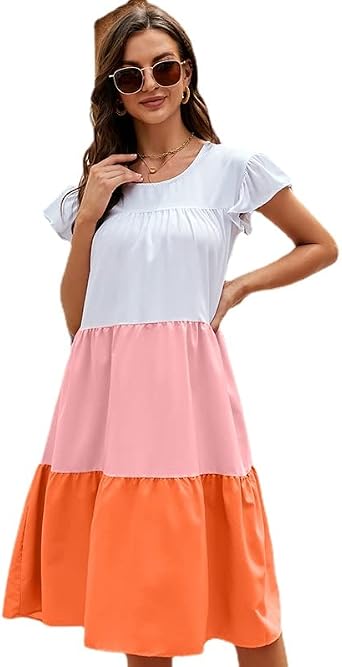 Womens Plus Size Ruffle Short Sleeve Loose Dress Casual Swing Round Neck Color Blocked Midi Dress