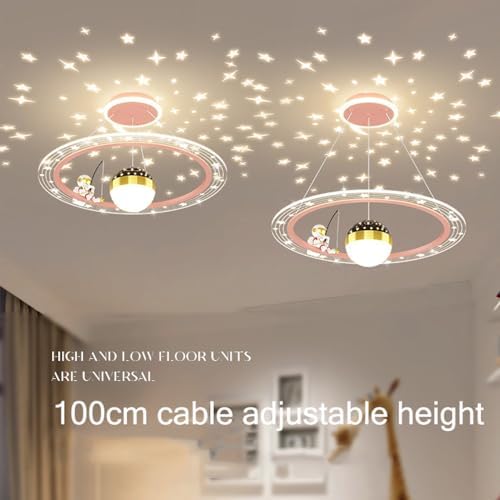 Astronaut LED Star Projector Ceiling Light - Dimmable Kids Pendant Chandelier for Nursery, Playroom, Baby Room - Colorful Pink, White, Blue Lighting Decor