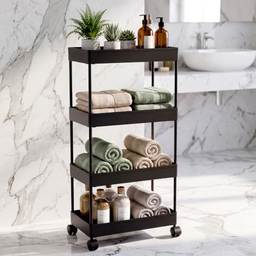 Image of TEX-RO Plastic Storage Rack for Bedroom | Shelf for Bedroom | Bathroom Storage Rack | Trolley for Kitchen Storage | Multipurpose Storage Rack (Black, 4 Layer)