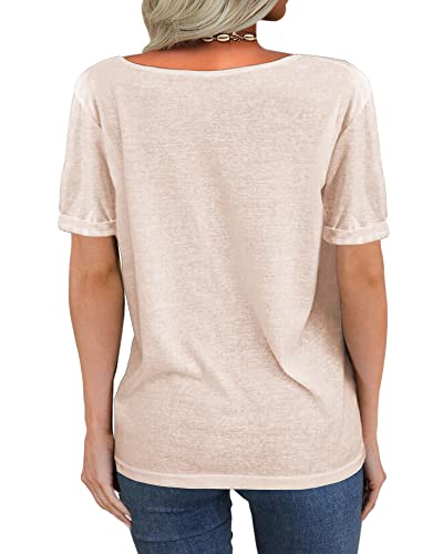 Image of Danedvi Women Deep V-Neck Short Sleeve Tops Solid Casual Loose T Shirt