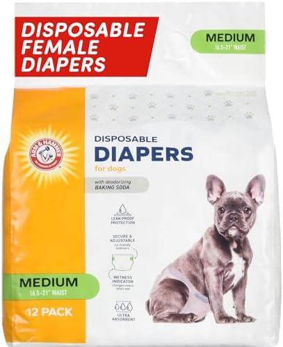 Arm & Hammer for Pets Disposable Female Dog Diapers - Adjustable, Leak Proof, Ultra Absorbent with Wetness Indicator for Urination, Dogs in Heat, Potty Training, and Incontinence, Medium, 12 Count
