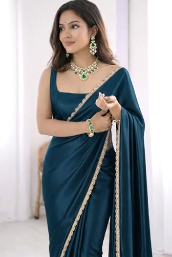 Image of SATAZ Women's Ready To Wear Teal Blue Satin Silk Saree Scalloped Border Readymade Stitched With Unstitched Blouse