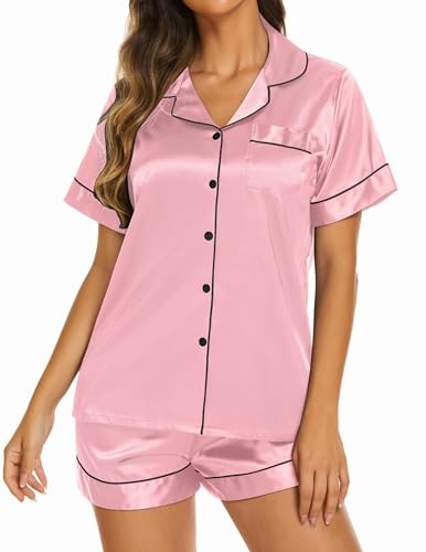 Image of Ekouaer Silk Pajamas for Women Short Sleeve Sleepwear Soft Button Down Loungewear 2 Piece Satin Pjs Shorts Set