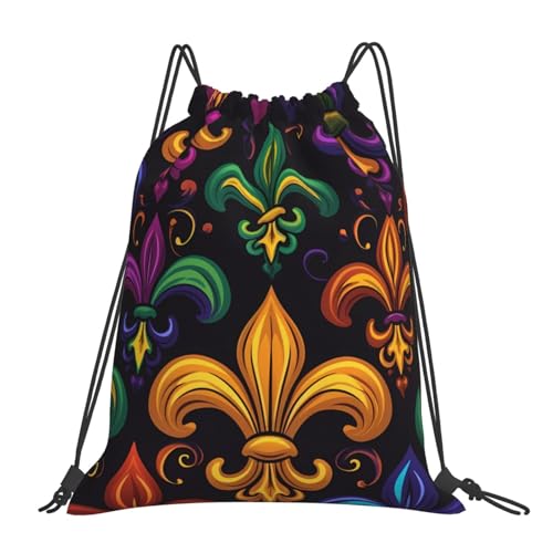 Colorful Mardi Gras Drawstring Backpack Bag Fleur De Lis String Sports Gym Sack for Men Women Lightweight Cinch Sports Sackpack for Travel Yoga Beach Swimming