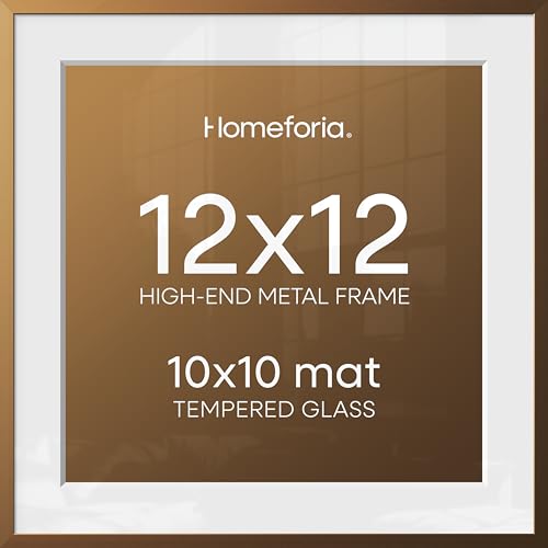 Image of Homeforia 12x12 Picture Frame Bronze, High End Metal 12 x 12 Square Poster Frame with Mat 10 x 10 Photo, 12x12 Brass Frame Matted to 10x10 Print, 12by12 Thin Frames, Tempered Glass, Wall Kit, Set of 1
