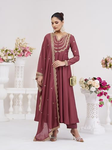 Image of MOKOSH Women's Silk Embroidery Anarkali Kurta Pant with Dupatta | Women's Anarkali Kurta Set | 3 Piece Ethnic Outfit with Dupatta | Round Neck Full Sleeve