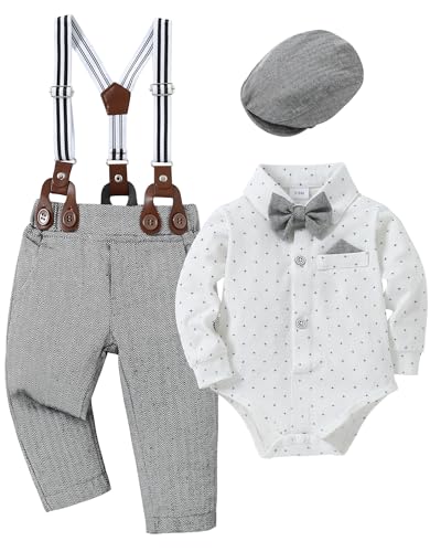 Image of YALLET Baby Boy Clothes Set Infant Tuxedo Long Sleeve Gentleman Suit Outfits + Beret Hat + Suspender Pants + Bowtie 0-18M