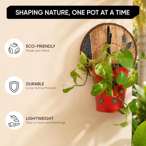 Image of AAKRITI ART CREATIONS Red Bucket Metal Planter on a Round Wall Hook