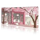 LIMKRIAN Cat Mouse Pad Large Desk Mat, Pink Cherry Blossom Computer Mousepad with Stitched Edges Non-Slip, Keyboard Mouse Pad for Desktop Cute Office Desk Accessories Japanese Dessert House 31.5in