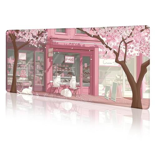 LIMKRIAN Cat Mouse Pad Large Desk Mat, Pink Cherry Blossom Computer Mousepad with Stitched Edges Non-Slip, Keyboard Mouse Pad for Desktop Cute Office Desk Accessories Japanese Dessert House 31.5in