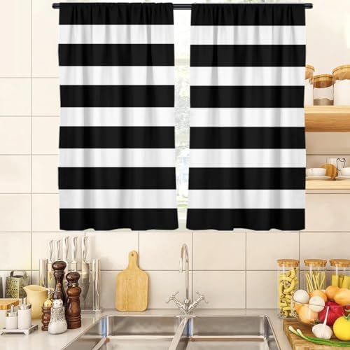 zokyer Black and White Kitchen Curtains Striped Boho Modern Trendy Simple Neutral Small Short 27.5 W x 39 L Window Treatment Tiers for Bedroom Living Room Bathroom 2 Panels Rod Pocket Drapes