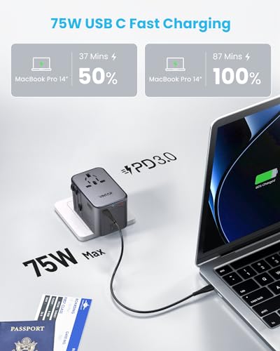 Image of Universal Travel Adapter, VINTAR 75W GaN International Power Adapter with 3 USB-C PD and 2 USB-A QC Charging Ports, All-in-one Outlet Converter Wall Charger for Europe UK USA AUS(Type C /G /A /I), Grey
