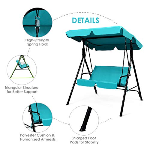 Image of Tangkula 2 Person Porch Swing, Outdoor Swing with Removable Cushions, Solid Steel Structure, Patio Swing with Adjustable Canopy for Porch, Backyard, Garden, Balcony Turquoise