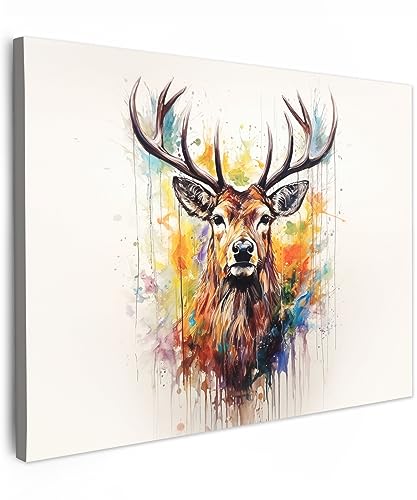 MuchoWow© Leinwände 70x50 cm Bild Tier Wall Decoration Bilder Schlafzimmer Deko Pictures Canvas Painting Wanddekoration Wohnzimmer Hirsch - Reh - Geweihe - Kunst - Farbe - Tier - Farbenfroh