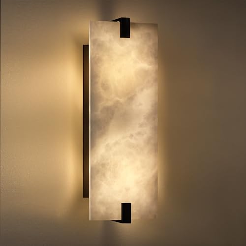 Image of 2 Light 15.7 inch Natural Square Alabaster Marble Bathroom Wall Sconce Modern Concise Style Wall Light Fixture,Oil Rubbed Bronze Finish for Bedroom Hallway Bedside Living Room
