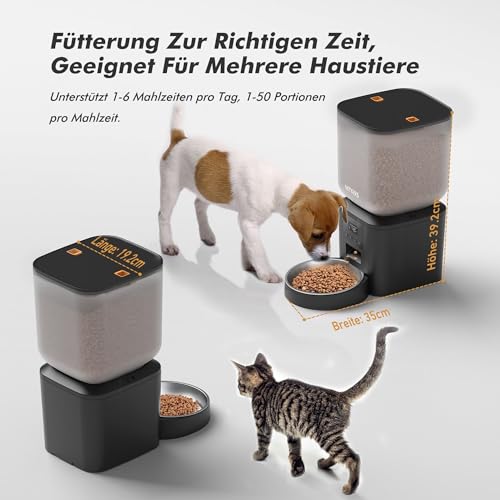 Futterautomat Katze 8L - Verstopfungsfrei Futterautomat Hund, Katzenfutter Automat mit Timer, 1–6 Mahlzeiten/Tag, 1–50 Portionen, Edelstahl-Schüssel, 10s Sprachaufnahme, Frischhalte-System