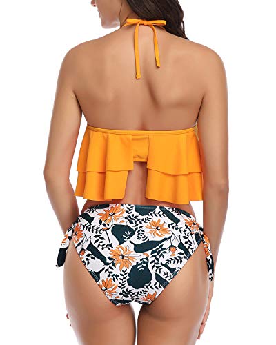 Biquíni Aqua Eve frente única com babados e duas peças, Yellow-1, X-Large