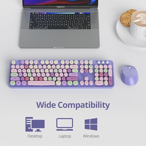 Image of GTSP Typewriter Colorful Purple Keyboard and Mouse Wireless, 2.4GHz Full-Size Retro Cute Office Computer Keyboard with Round Keycaps for Desktop Laptop and PC (Colorful Purple)