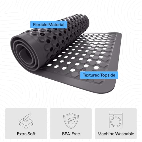 Image of GORILLA GRIP Patented Bath Tub Shower Mat, Machine Washable Bathtub Floor Liner Mats, Suction Cups and Drain Holes to Keep Tubs Clean, Soft on Feet, Bathroom Essentials, 35x16 Inch, Charcoal Opaque