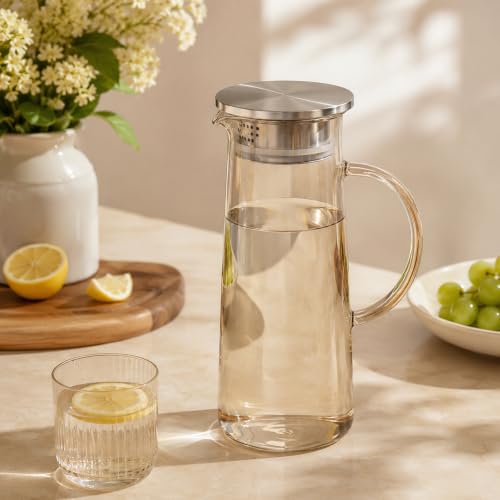 Image of Wringo Premium Glass Waters Jugs - 1.2 LTR, (Set of 1) Transparent, Hot Cold Water Glass Pitcher with Steel Lid Water Jug, Iced Tea, Milk and Juice Beverage Carafe, Lemon Jug 1200ML (WQ-02)
