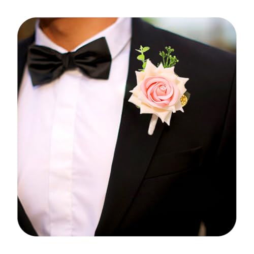 Latious Wedding White Rose Boutonniere Groom Flower Buttonholes Groomsmans Prom Suit Decoration Party Anniversary Accessories for Man (Champagne)