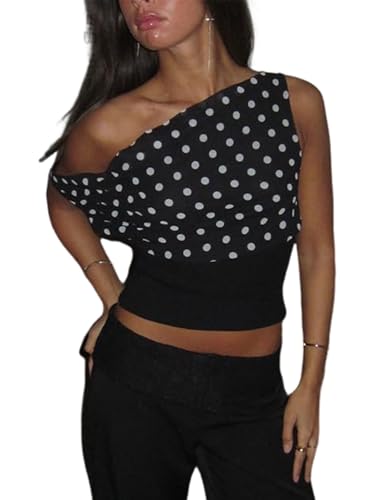 YELAIVP Polka Dot Off Shoulder Tops for Women Backless Tie Slim Waist Sleeveless Shirts Y2K Going Out Crop Tank Top