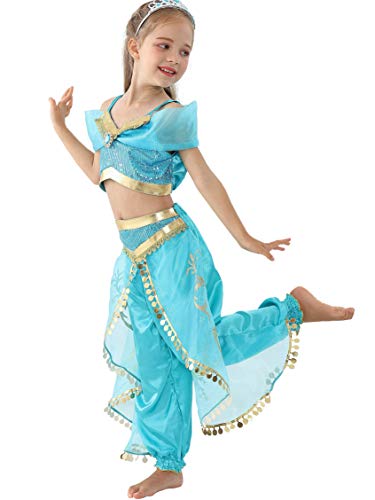 Lito Angels Princess Jasmine Fancy Dress Up Costume for Girls Little Kids, Arabian Belly Dance Top & Pants 2 Pieces Set Halloween Party Outfit with Cape/Headband/Wig