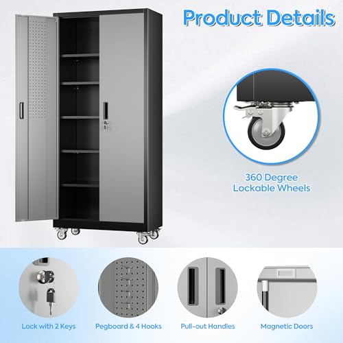 Image of Aobabo Upgrade 71H''*34''W*18''D Metal Garage Storage Cabinet with Wheels and Pegboards, 5 Adjustable Shelves Steel Storage Cabinets for Home,Warehouse,Garage,Assembly Required,Black Gray