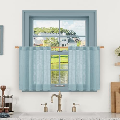 LAMIT Short Linen Curtains 30 Inch Length for Cafe, Semi Sheer Light Filtering Panels Back Tab and Rod Pocket Room Decor Drapes for Basement/Small Window, Stone Blue, 2 Panels, 34 x 30 Inch